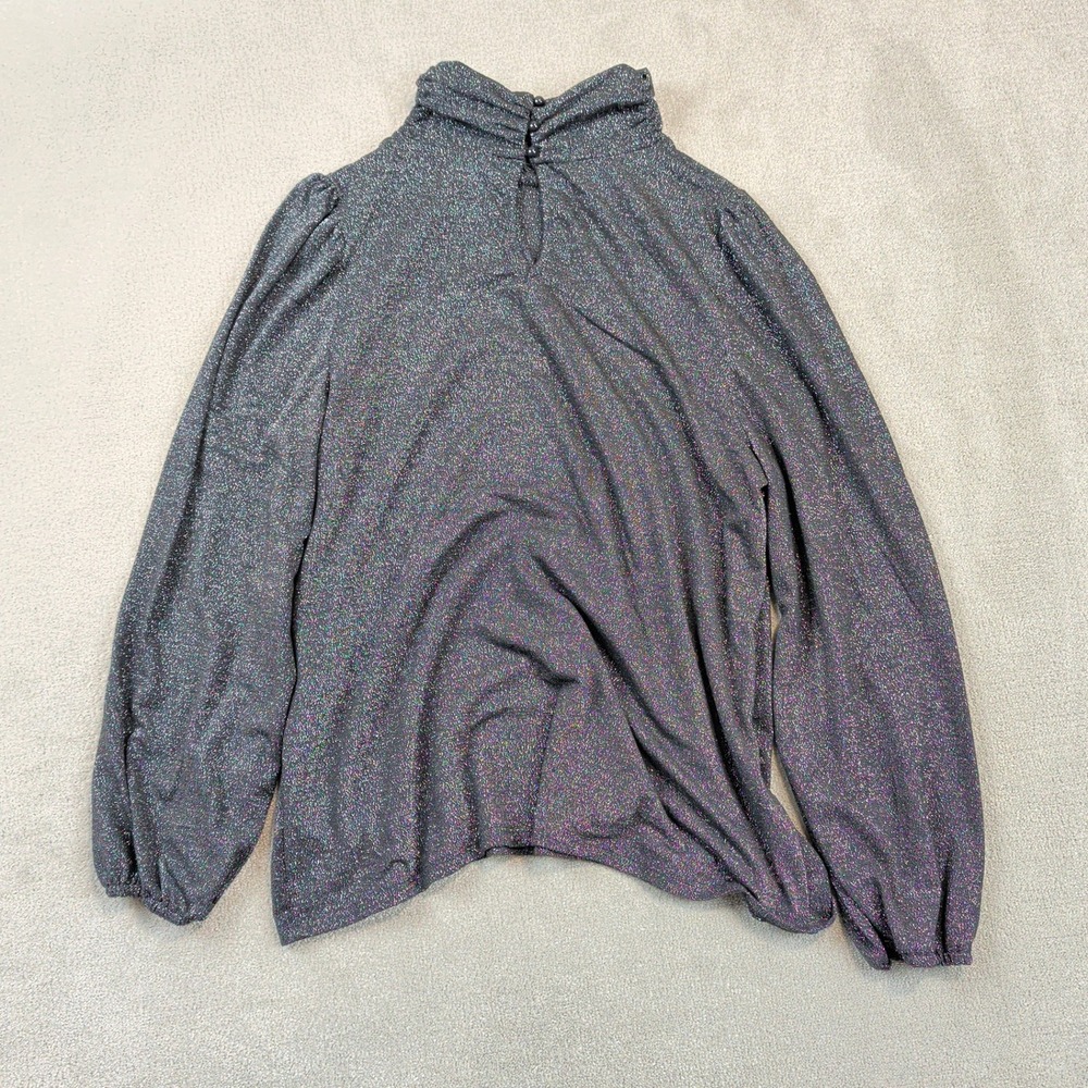 Who What Wear Metallic Shimmer Mock Neck Blouse Size L Womens Black Glitter Puff